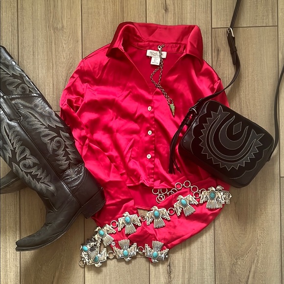 Red Button-Up Satin Shirt - Picture 1 of 6